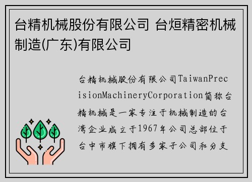 台精机械股份有限公司 台烜精密机械制造(广东)有限公司 台精机械股份有限公司 台烜精密机械制造(广东)有限公司